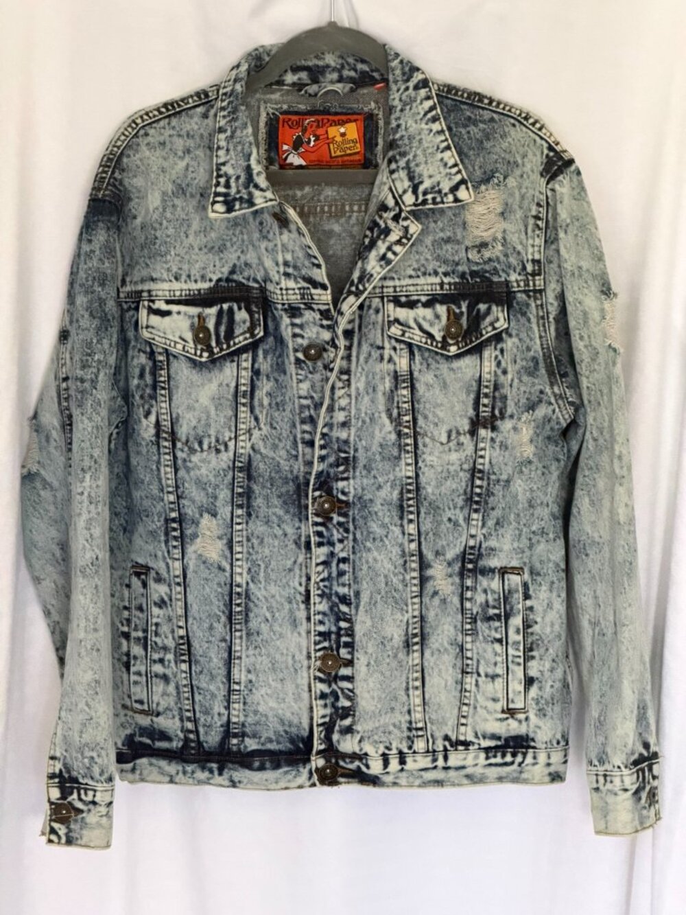 Rolling Paper NYC Men's Distressed Acid Wash Denim Trucker Jacket Large